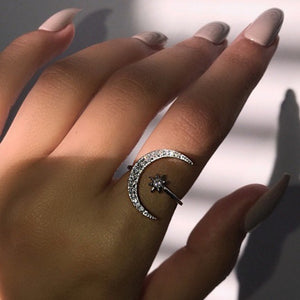 新月亮星星月牙星月戒指 欧美镀18k创意夸张开口订婚指环