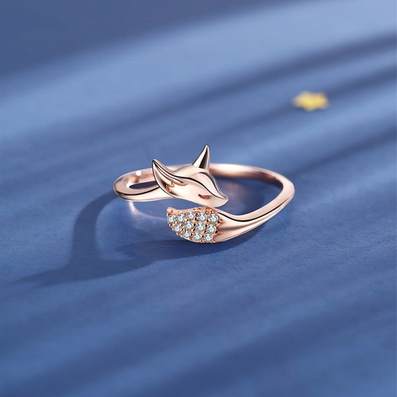 可爱玫瑰金狐狸戒指形动物微钻石戒指礼品戒指女性