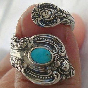 欧美时尚戒指~创意花朵镀泰银戒指 欧美复古绿松石石夸张戒指
