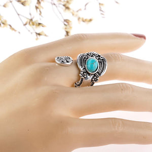 欧美时尚戒指~创意花朵镀泰银戒指 欧美复古绿松石石夸张戒指