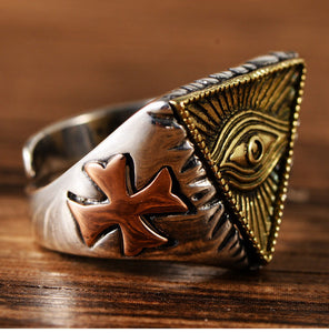 威卡纯银  S925纯银饰品泰银做旧古埃及法老三角形上帝之眼男士戒指