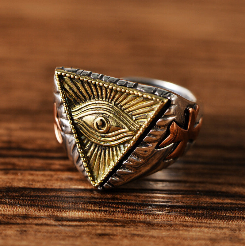 威卡纯银  S925纯银饰品泰银做旧古埃及法老三角形上帝之眼男士戒指