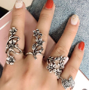 欧美时尚戒指~套装戒指个性古银色森系藤蔓树叶花朵镂空戒指