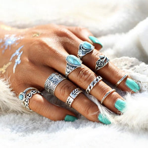 欧美时尚戒指~款外贸新品 复古图腾花朵绿松石10件套关节组合戒指