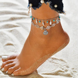 欧美时尚精品~欧美新款饰品3D符号吊坠脚链 生命树贝壳铁皮双层沙滩脚链