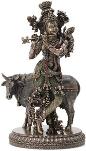 神秘学收藏~10.5英寸印度教神克里希纳和圣牛古色古香的青铜饰面雕塑雕像