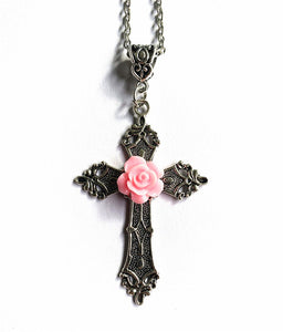 哥特式创意花朵图案十字架吊坠项链