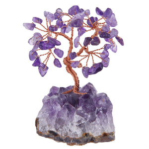 天然紫晶发财树原矿石底座碎石叶子铜线手工缠绕 能量发生器 树摆件