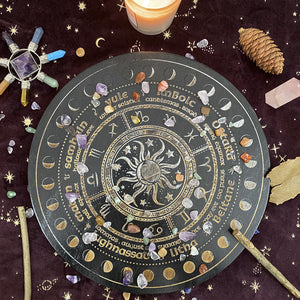 女巫占卜水晶橡木能量盘  祭坛星盘 轮盘橡木雕刻星盘 能量盘