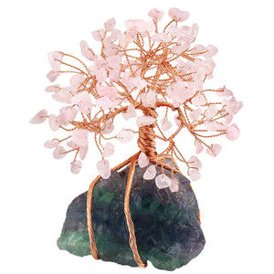 天然水晶发财树摆件 铜线缠绕原石萤石底座 碎石叶子 能量发生器 树