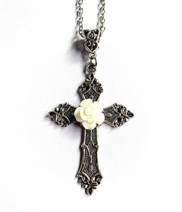 哥特式创意花朵图案十字架吊坠项链