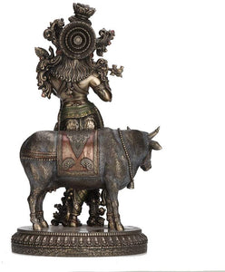 神秘学收藏~10.5英寸印度教神克里希纳和圣牛古色古香的青铜饰面雕塑雕像