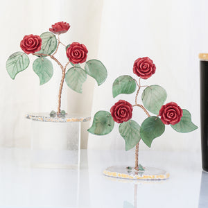 创意手工雕刻树脂玫瑰花 绿东陵叶子水晶树 玛瑙片底座 能量发生器 摆件