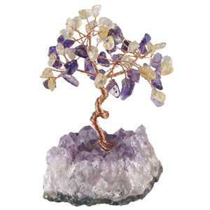 天然紫晶发财树原矿石底座碎石叶子铜线手工缠绕 能量发生器 树摆件