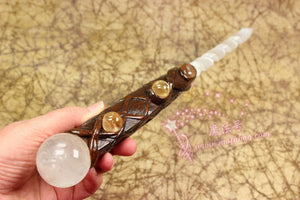 神秘学收藏~进口变身魔杖 石英水晶球手工雕刻月光石 引导能量魔法杖