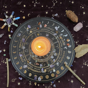 女巫占卜水晶橡木能量盘  祭坛星盘 轮盘橡木雕刻星盘 能量盘