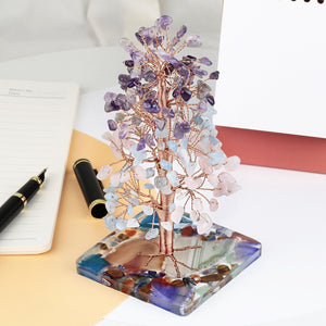 彩色玛瑙片方形树脂底座树摆件水晶碎石叶子树创意 能量发生器 摆设