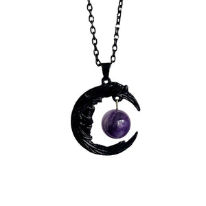 哥特式人脸黑色新月紫宝石吊坠 创意简约时尚饰品项链