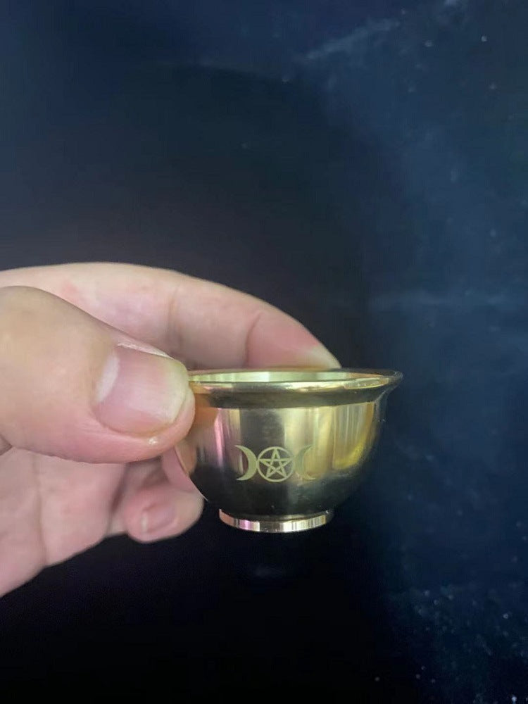 黄铜三相月小圣杯 雕刻纯铜MINI杯仪式摆件 Wicca迷你碗