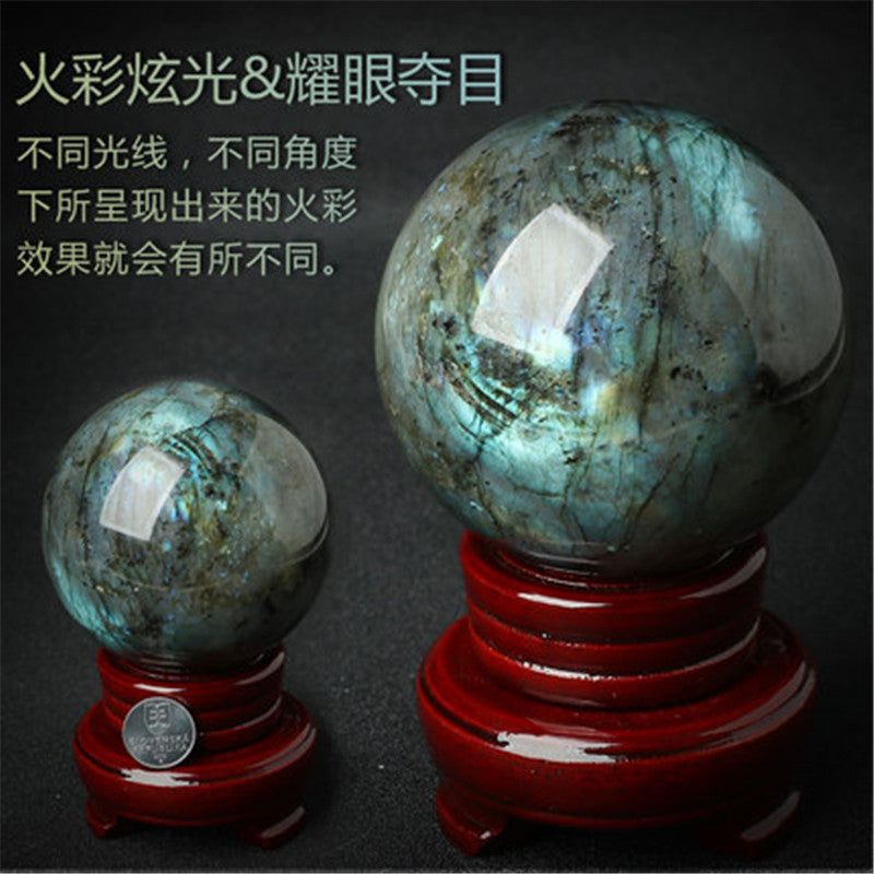 天然水晶球 拉长石球摆件9厘米 灰月光石原石宝石风水摆件把玩球